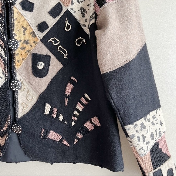 Sandy Starkman Vintage 80’s Wool Patchwork Art to Wear Crop Jacket Black Tan, S - Picture 5 of 10